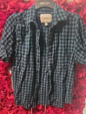 Cloudveil Men’s Teal and Black Check Casual Button-Down Shirt Size Medium